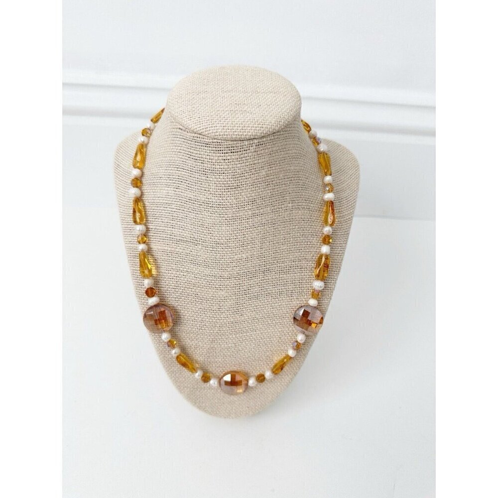 NWT Genuine Crystal, Pearls & Glass Beads Necklace Beaded Amber-Colored White